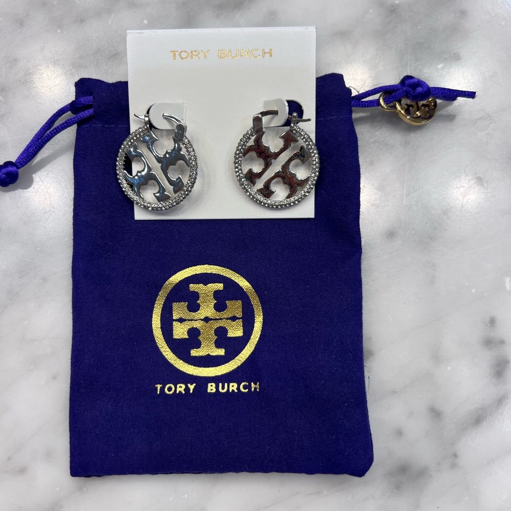 Tory Burch- silver round hoop logo earrings